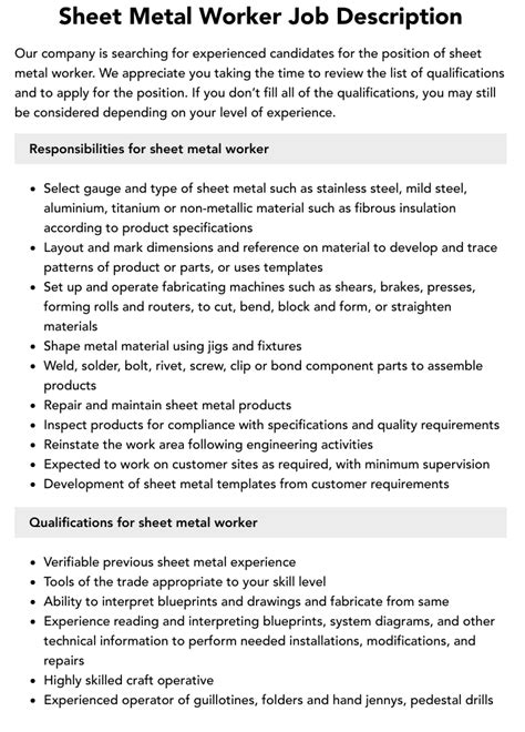 sheet metal assembler job description|sheet metal worker jobs.